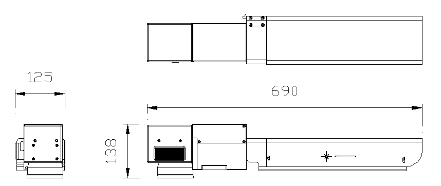 PRISA-3D 레이저 헤드 외형도 L690 W125 H138mm